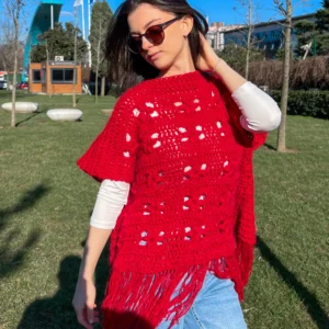 Kırmızı Çiçekli Örgü Panço